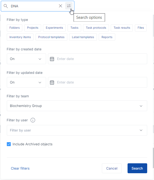 Search Filter Options